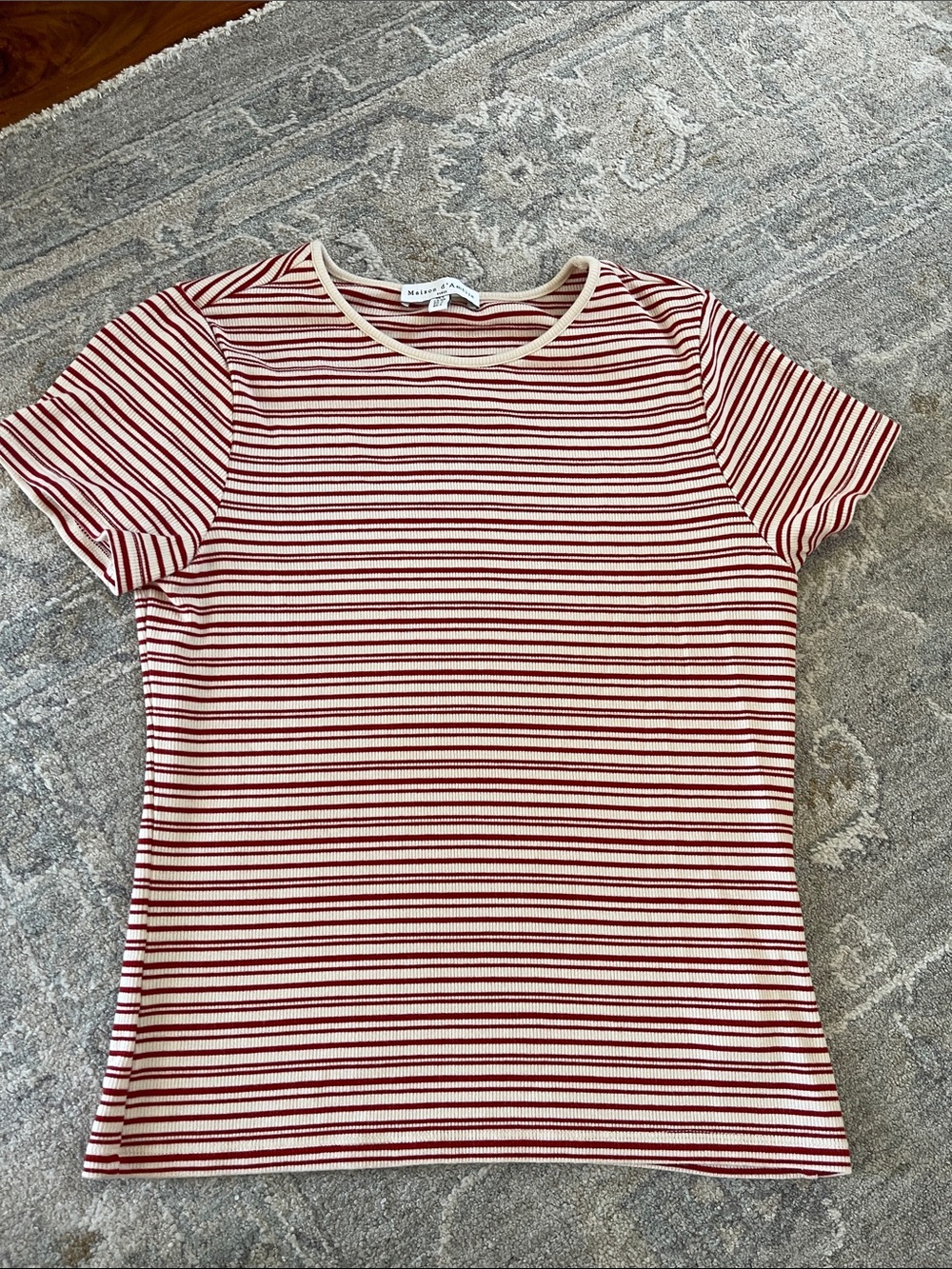 Cream and Red Striped Short Sleeve Tee